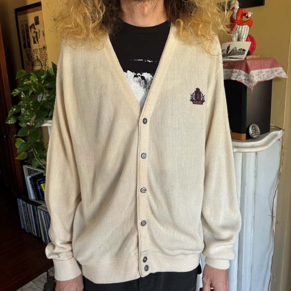 Vintage 80s Cream Knit Cardigan Sweater Izod Crest USA ~ Size Medium - Picture 1 of 9